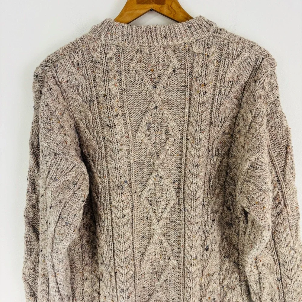 JM Cooper British Wool Cable Knit Sweater Oatmeal Tweed Crew Neck Made in UK M